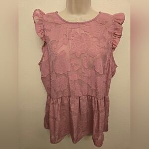 EUC Kensie Mauve Pink Sheer Floral Ruffle Sleeveless Blouse With Peplum Waist